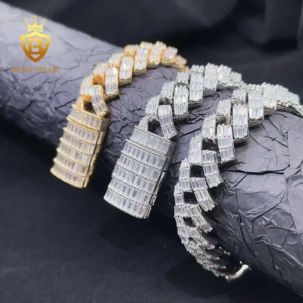 

Factory Price Luxury Hip Hop Brass Bracelet Baguette Iced Out Cuban Link Chain 5a+ Zirconia 18mm Miami Chain Bracelet for Men