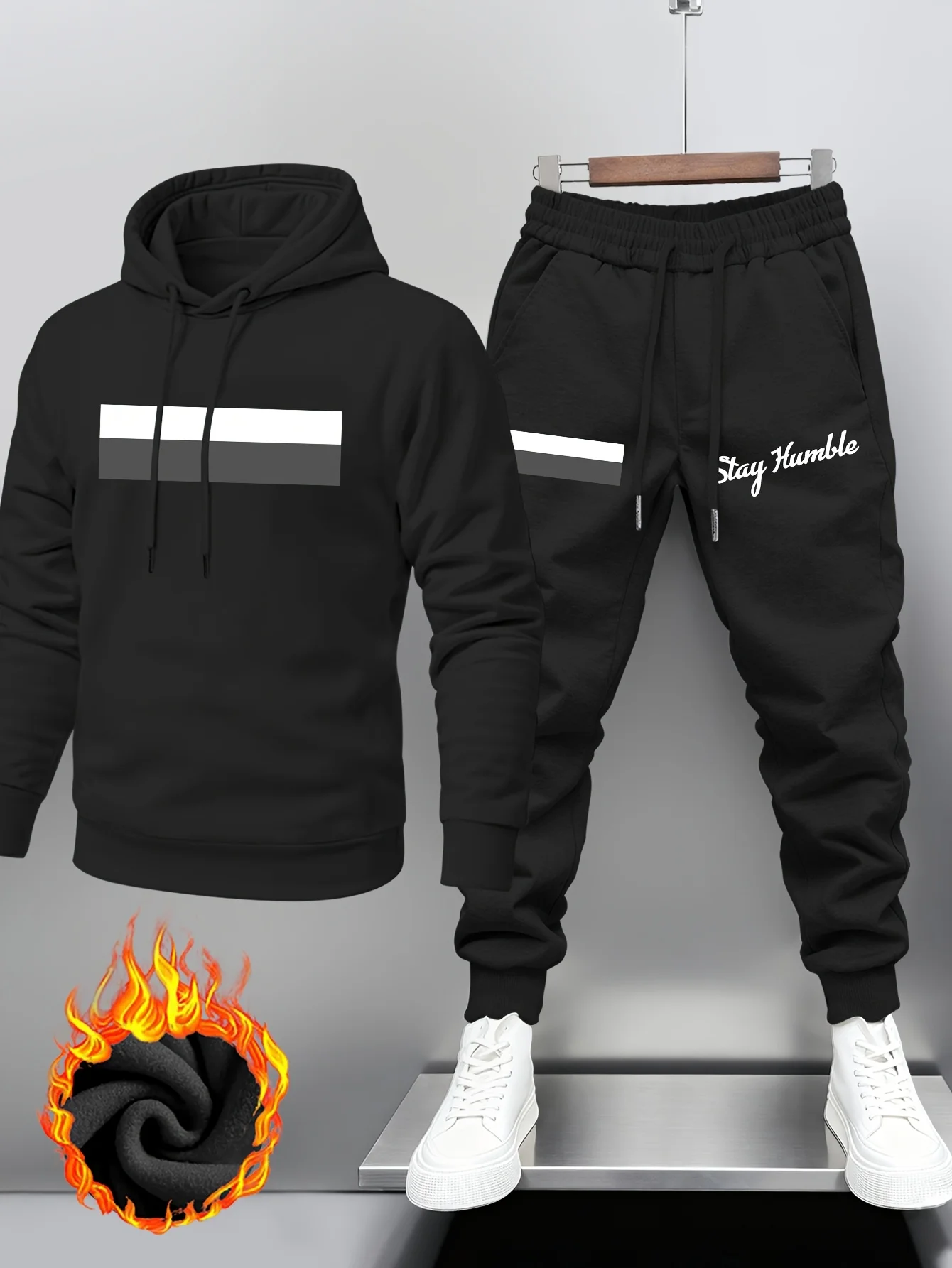 Ensemble sweat-shirt à capuche et pantalon de jogging pour homme |   Style décontracté avec design à rayures latérales et slogan motivant, tissu légèrement extensible