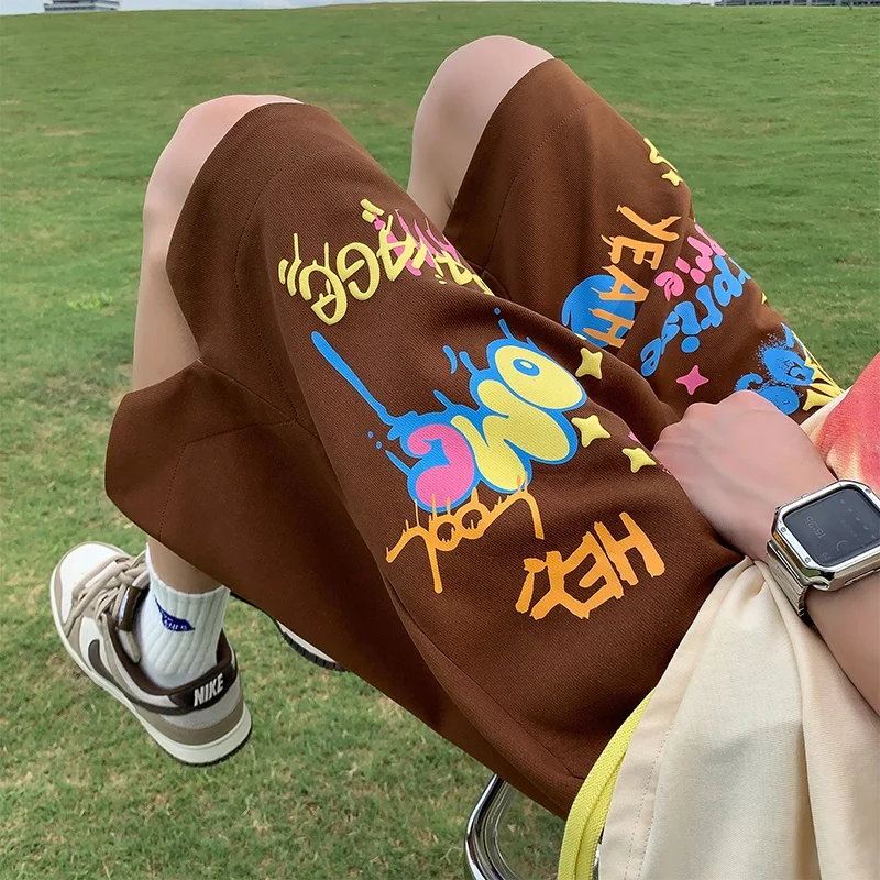 

Loose Men's ort Pants fiti Print American Retro Straight Leg mid Waist Five-Foot Summer Faion y Casual Pants