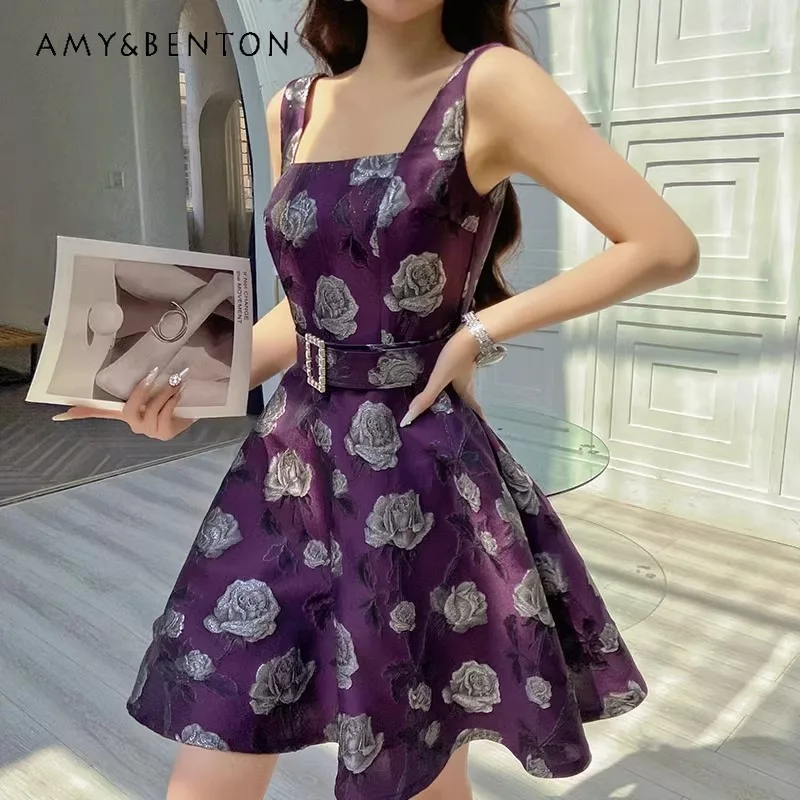 

2024 Summer New Vestidos High-Grade Temperament Square Collar Rose Jacquard Waist-Tight Dress Purple Vest Dress Women's Clothes