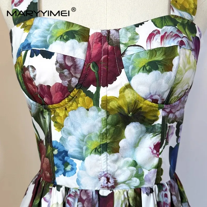 MARYYIMEI New Fashion Runway Designer Women\'s Printed Halter Spring/Summer Holiday Beach Flower Skirt Pure Cotton Dress