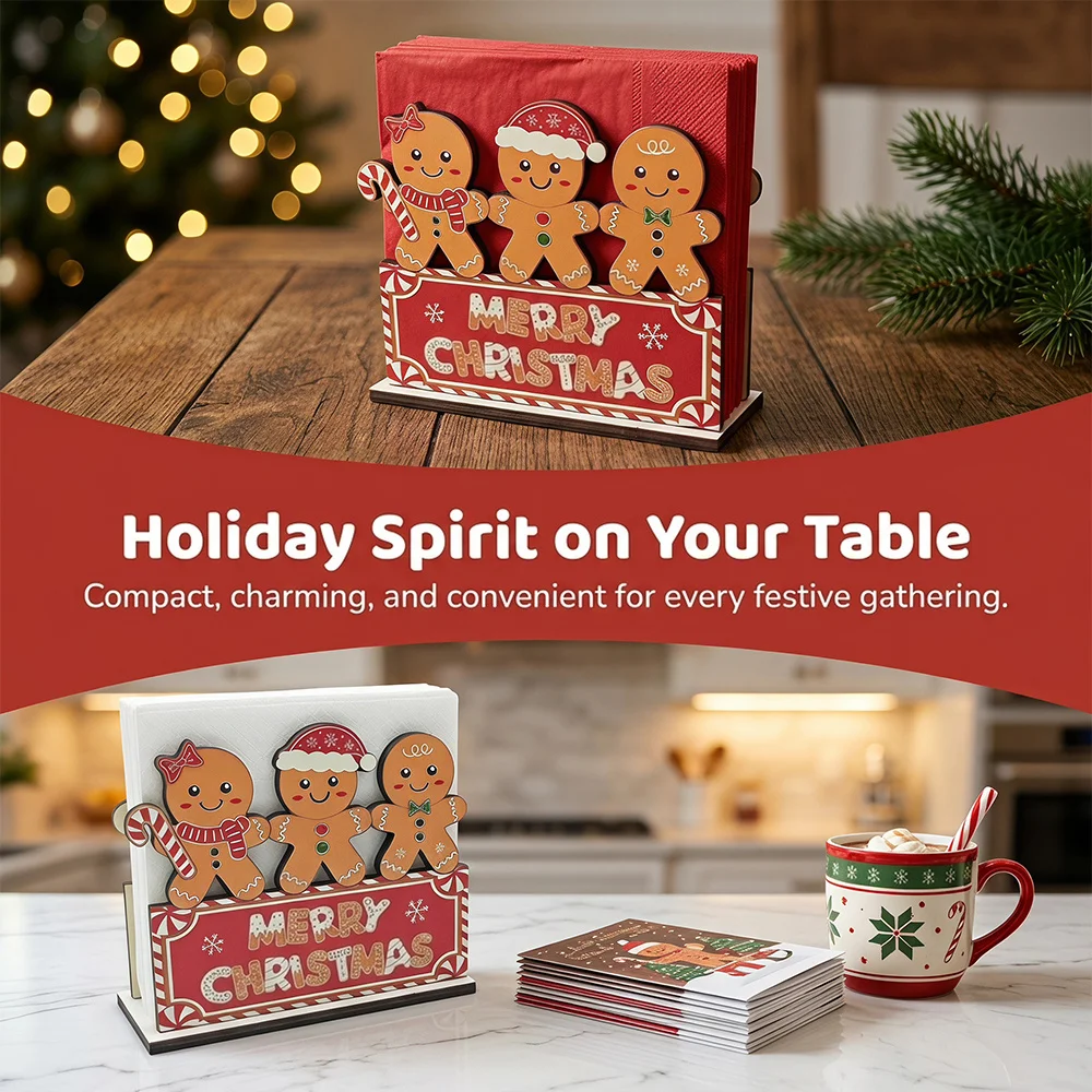 1 Piece of Gingerbread Man Wooden 2D Flat Thickened Napkin Holder, with a Stable Wooden Base, Wooden Printed Pattern, Suitable for Home Dining Tables, Kitchen Countertops, Dining Room Sideboards, and Early Morning Bar Islands, Doubles as a Paper Towel Holder and Festive Table Decoration, Perfect for Christmas and Thanksgiving Gifts