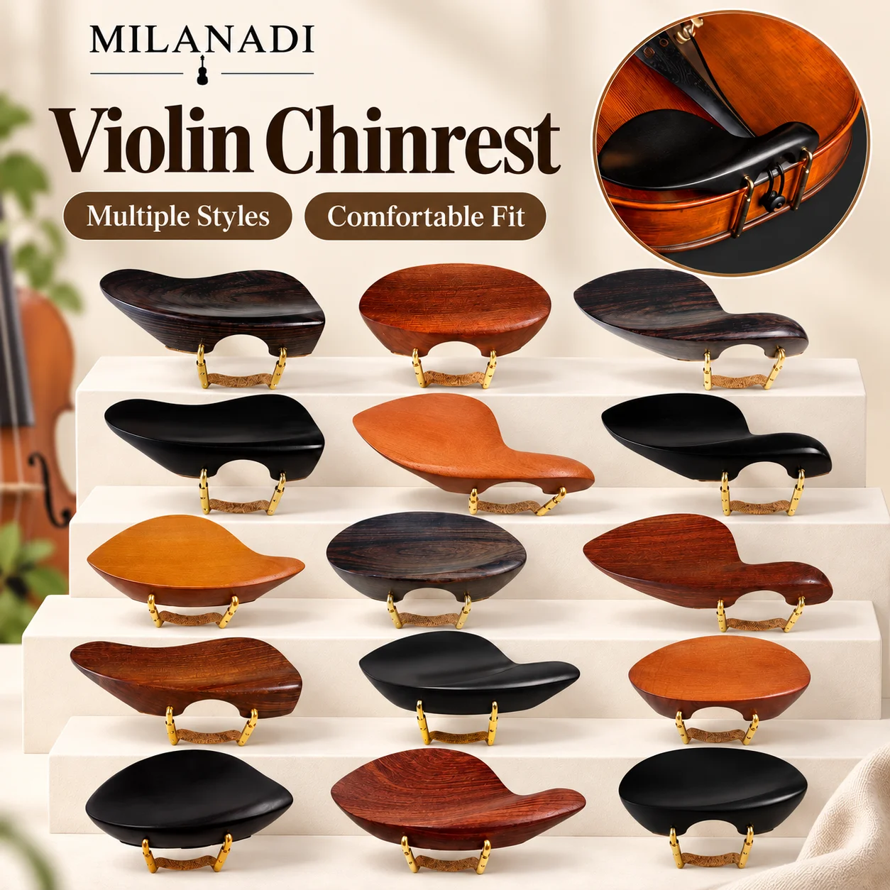4/4 Violin Chinrest/Chin Rest With Clamp Screw Bracket Cork,Ebony Jujube Wood,Fiddle Parts Violin Accessories