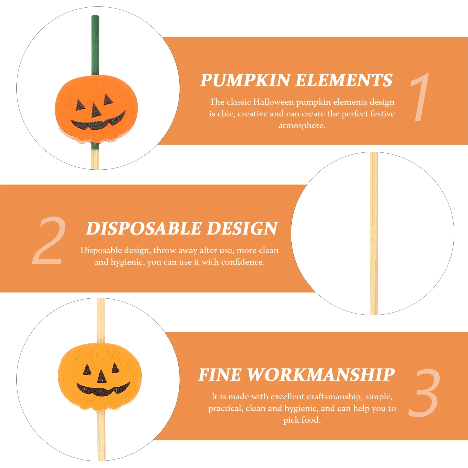 

200Pcs Chic Pumpkin Elements Design Bamboo Sticks for Halloween Festive Atmosphere Dessert Appetizer Picks Food Picks