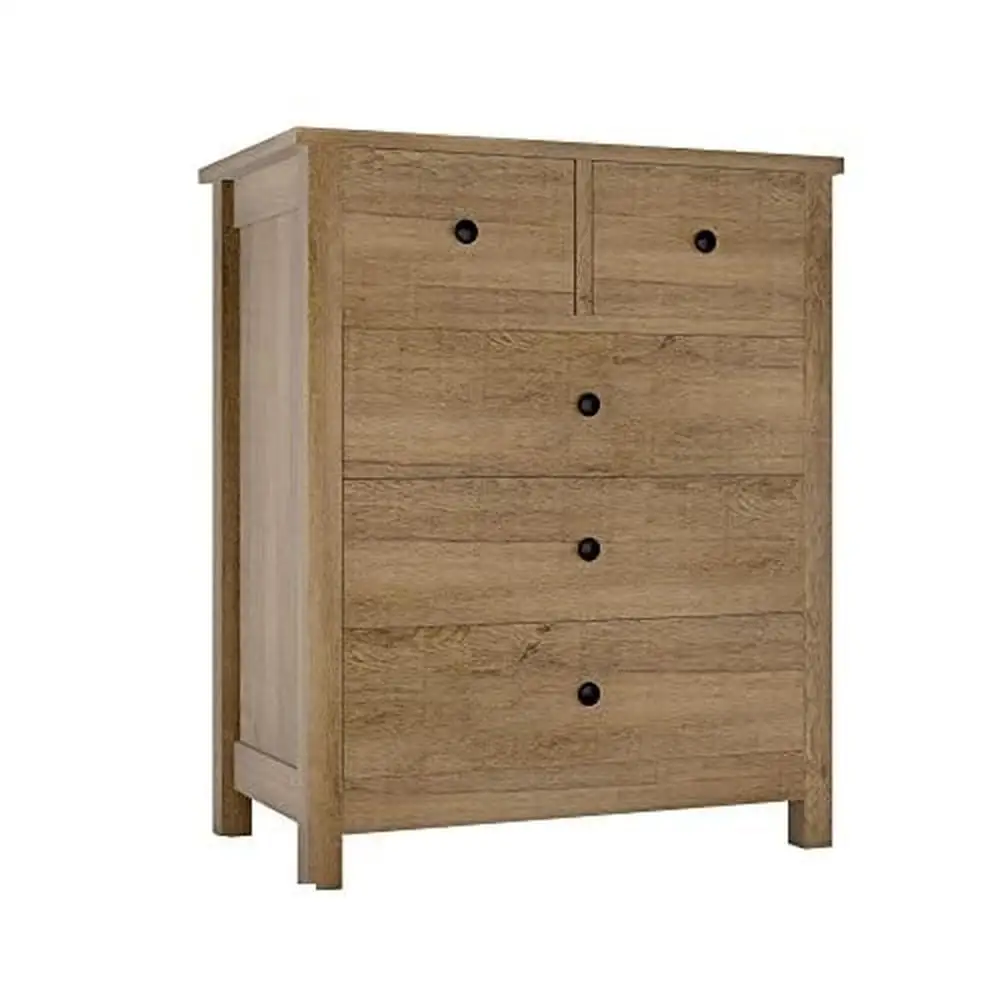 Commode de rangement multifonctionnelle à poignée ronde en bois massif, structure durable, facile à assembler, 5 compartiments