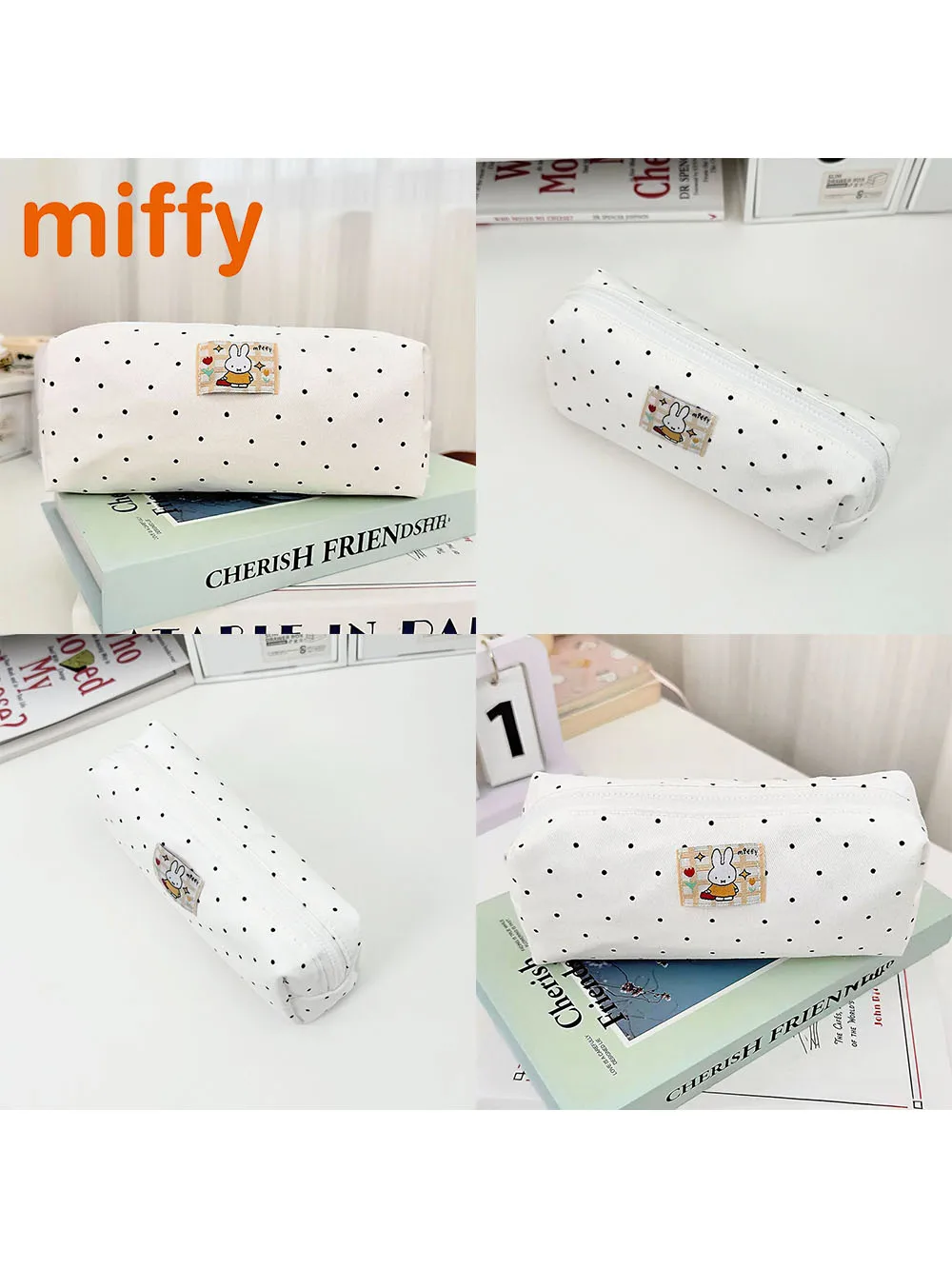Kawaii Miffy Cute Pencil Case Cartoon Rabbit Embroidery Simple Style Polka Dot Printing Cosmetic Brush Storage Bag Girl Gift