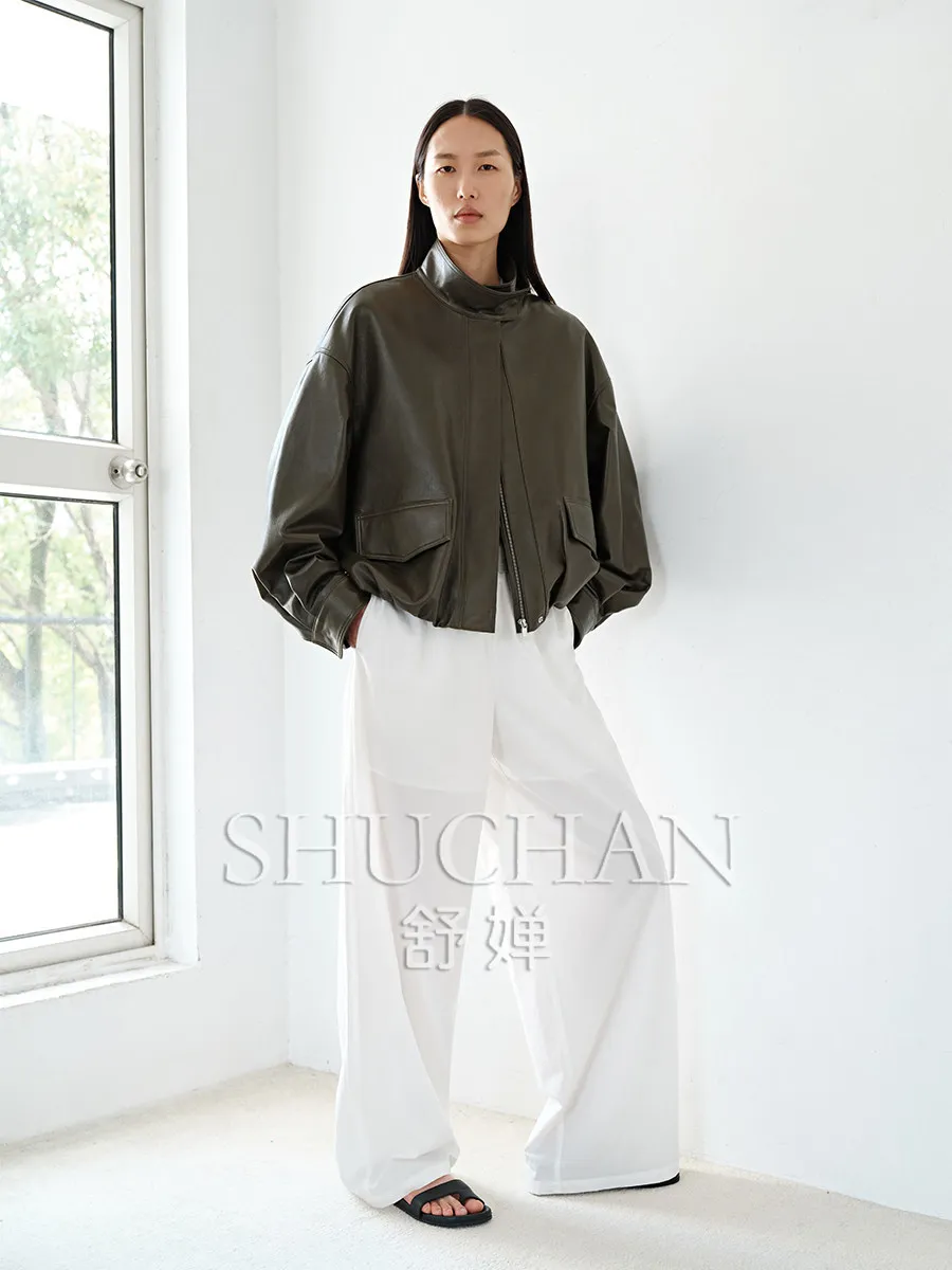 2026 autumn winter jacket women cool Sa light oil wax imported sheepskin, modern small stand-up collar pleated hem leather jacke