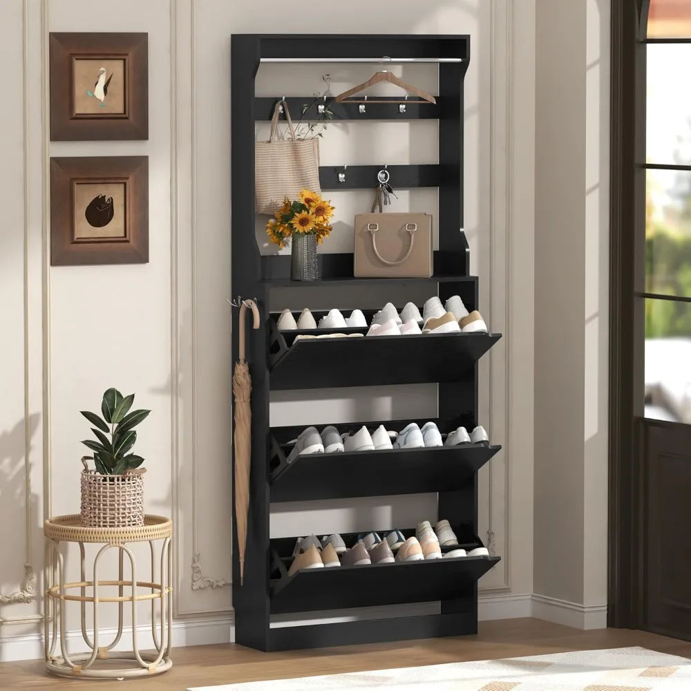 

Shoe Cabinet with Coat Rack, Slim Hidden Shoe Storage Cabinet for Entryway,Freestanding Shoes Rack Organizer with 3 Flip Drawers