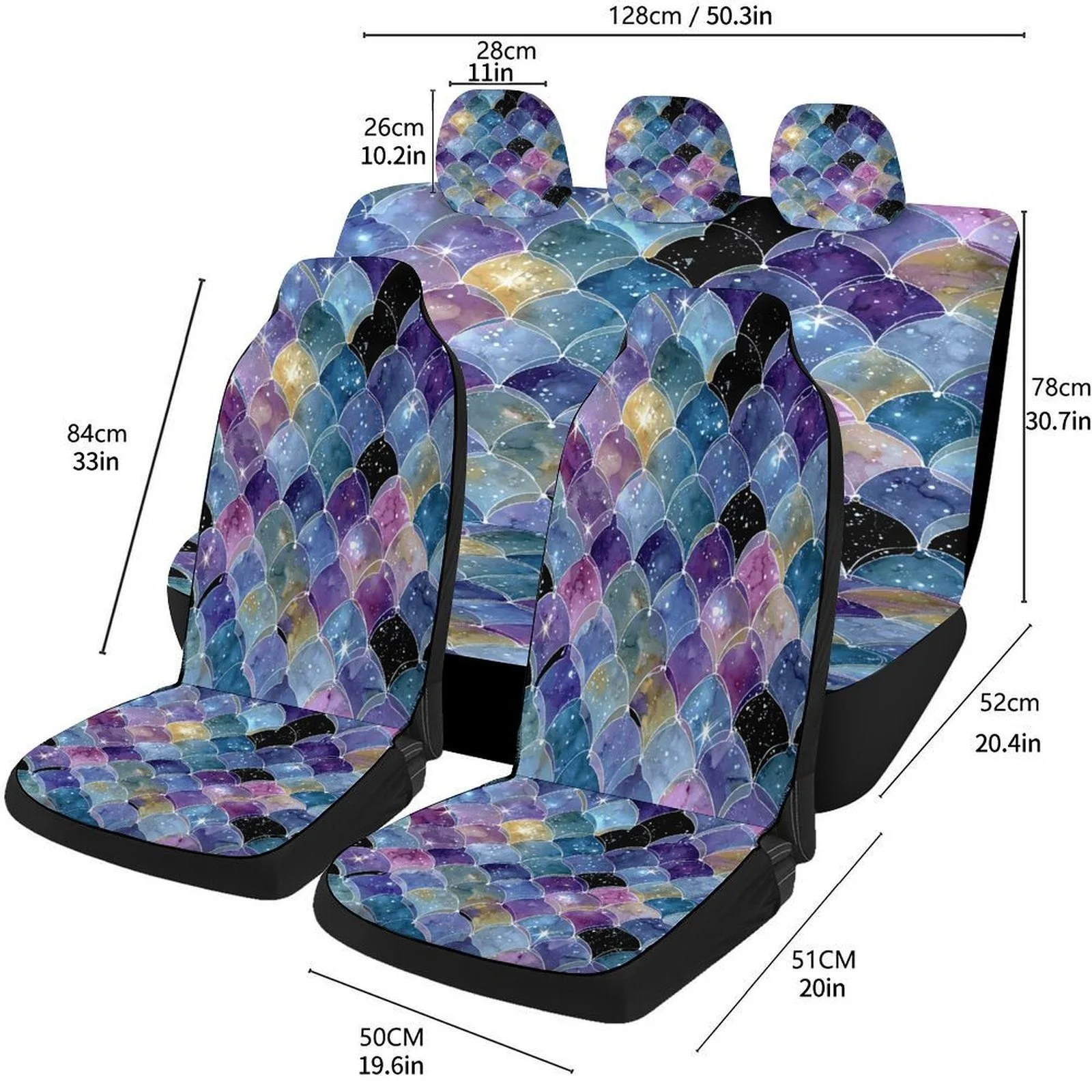 Set Of Car Seat Covers Featuring A Galaxy Theme With Mermaid Scales, Designed To Fit Most Vehicles. This Stylish And Unique Full