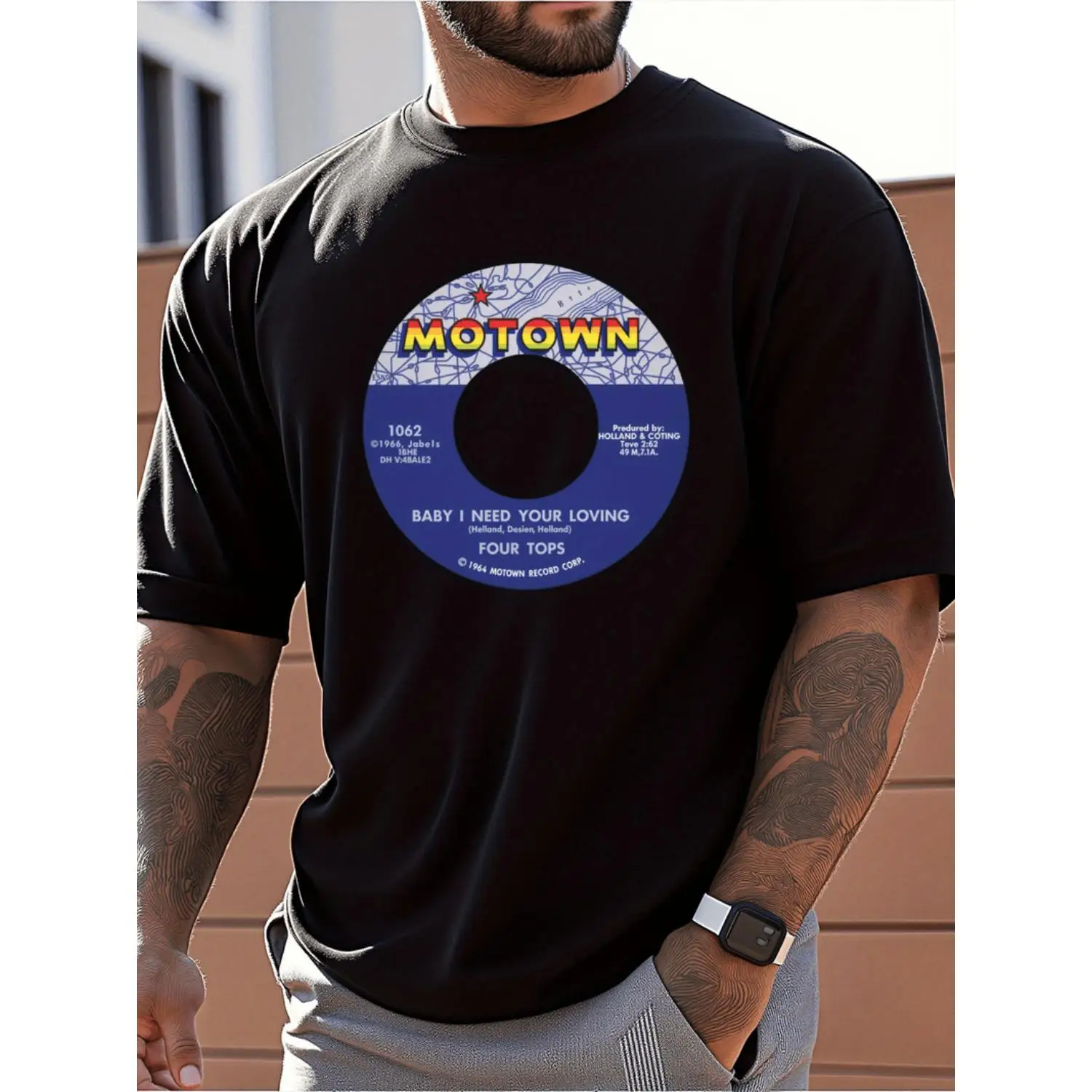 Mens Cotton T-Shirt with Music Record Print Casual Loose Fit Designed for Men Suitable for Daily Outdoor Wear Perfect for Music Enthusiasts