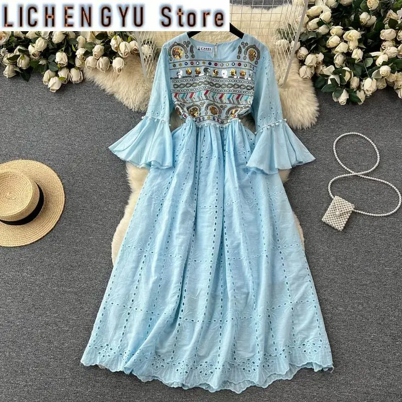 

New Sweet Style Women's Dress Petal Sleeve Patchwork Embroidery Hollow Out High Wiast Dresses Winter Spring