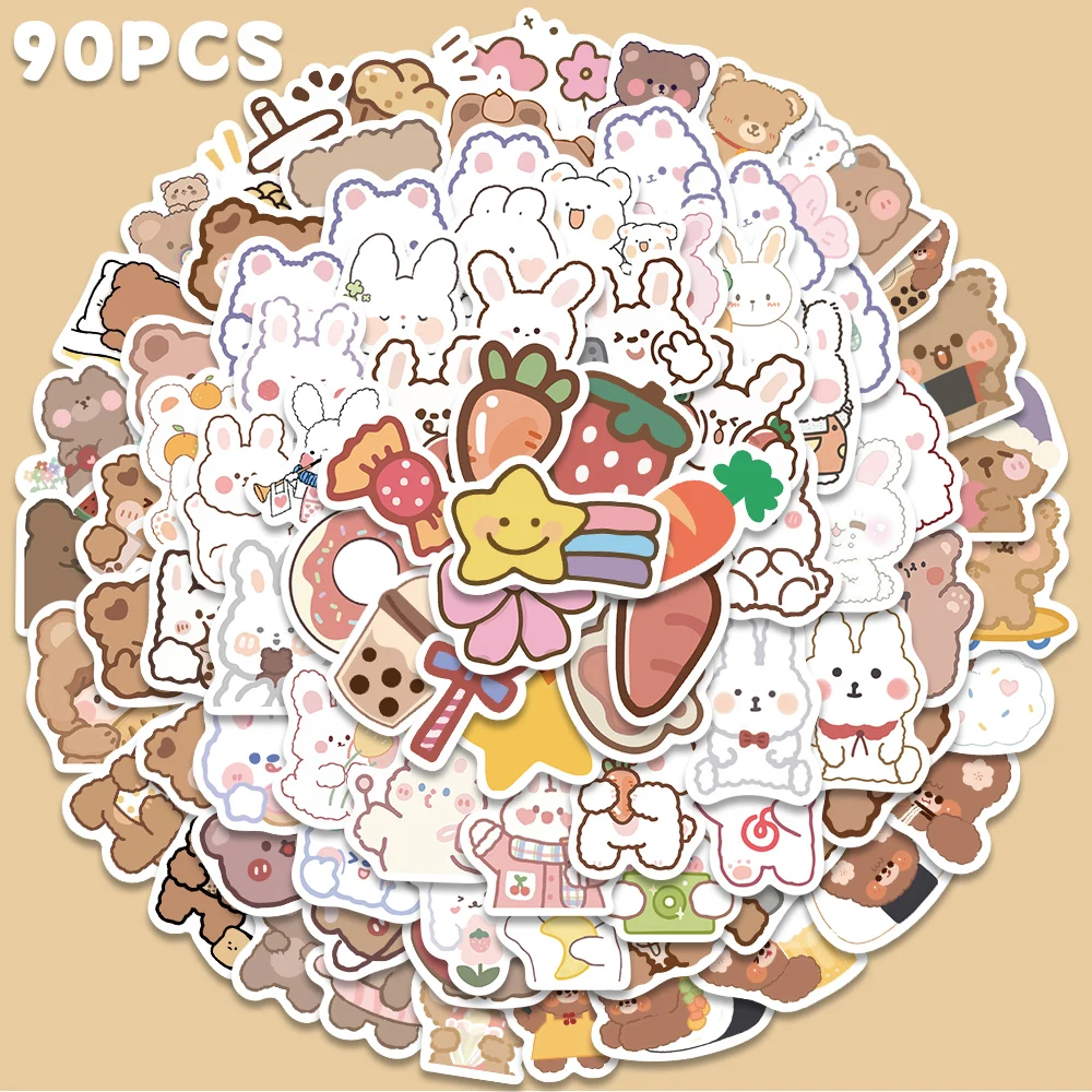 90pcs Cartoon Bear&Rabbit Sticker Cute Funny Decal For Phone Laptop Luggage Guitar Skateboard Decoration Sticker Student Reward