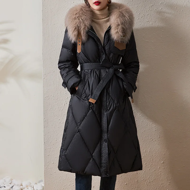 

Fashion Long Down Jacket for Women Luxury Fox Fur Collar Slim Fit Jacket Elegant Ladies Winter Thickened Warm Overcoat with Belt