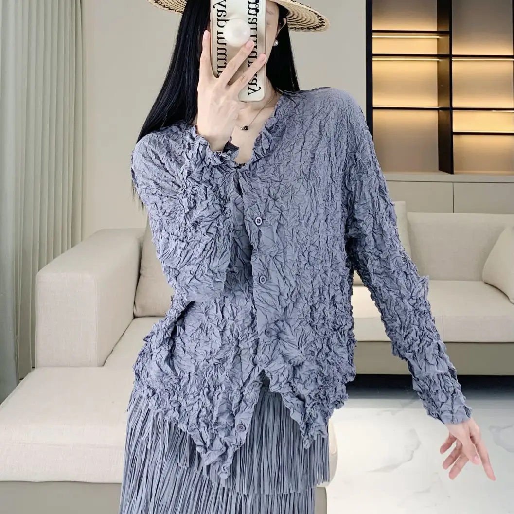 Miyake geplooide dames katoenen jas effen kleur single-breasted mode retro jas met lange mouwen herfst- en winterkleding