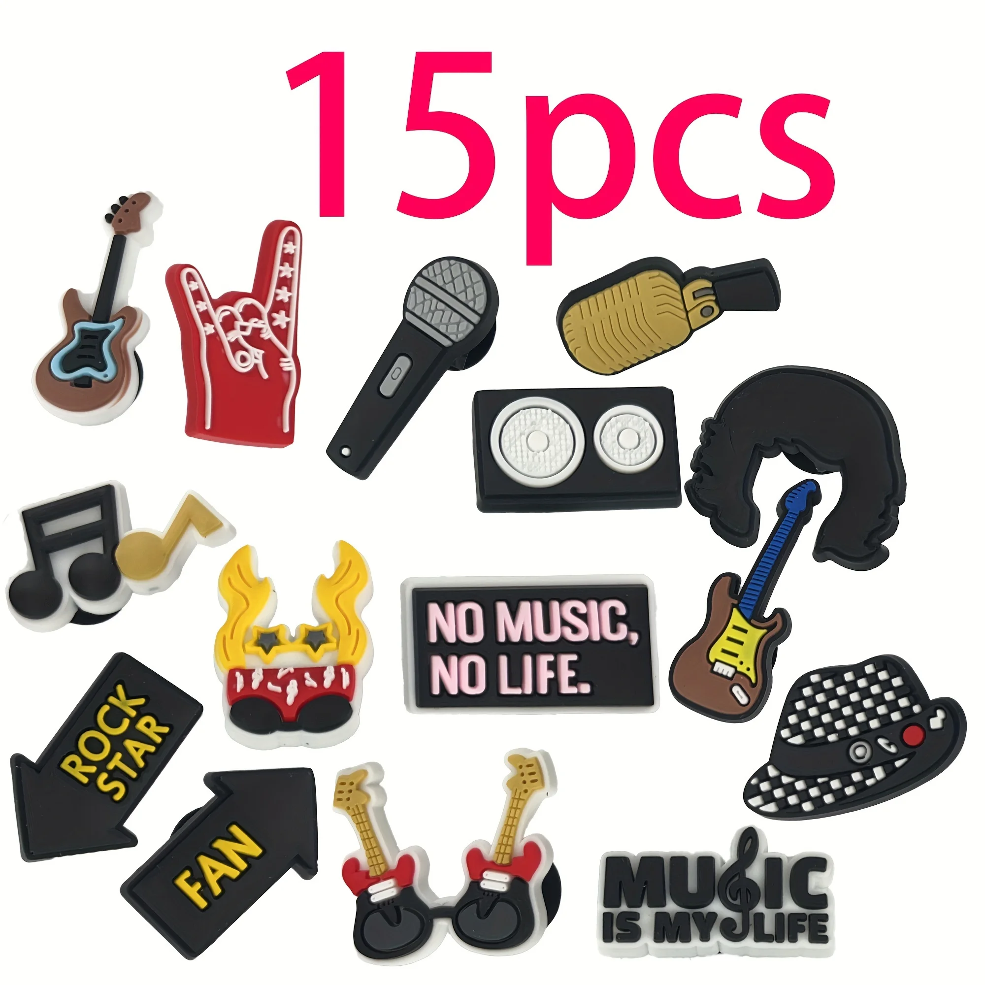 

15pcs Rock Star Guitar PVC Shoes Accessories Guitar Bass Kids Garden Sandals Buckle Shoe Accessories for Friends Gifts