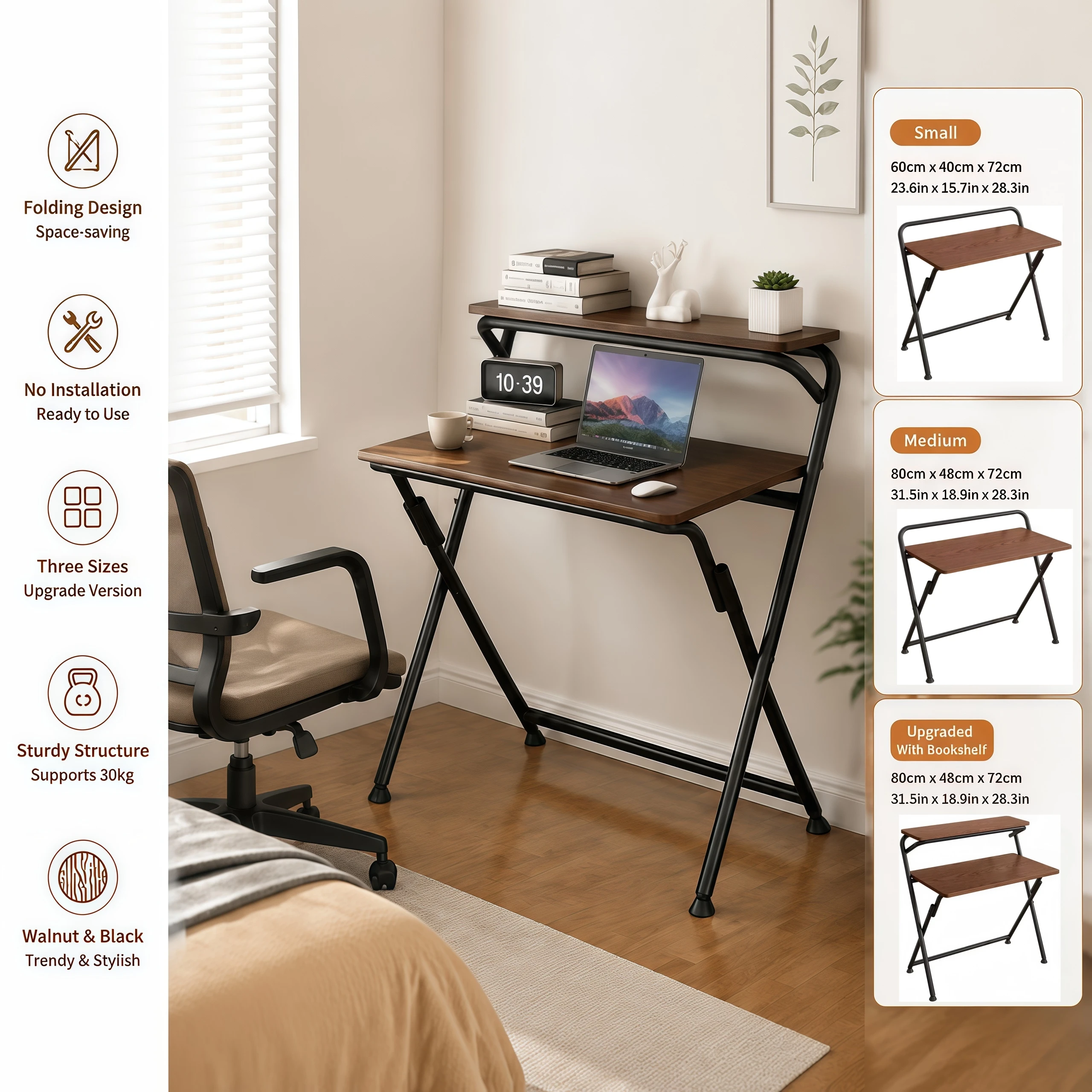 Folding Computer Desk with Bookshelf, Laptop Desk, No Assembly Required, Walnut Study Desk, Home Office, Space-Saving, Double-Layer Workbench