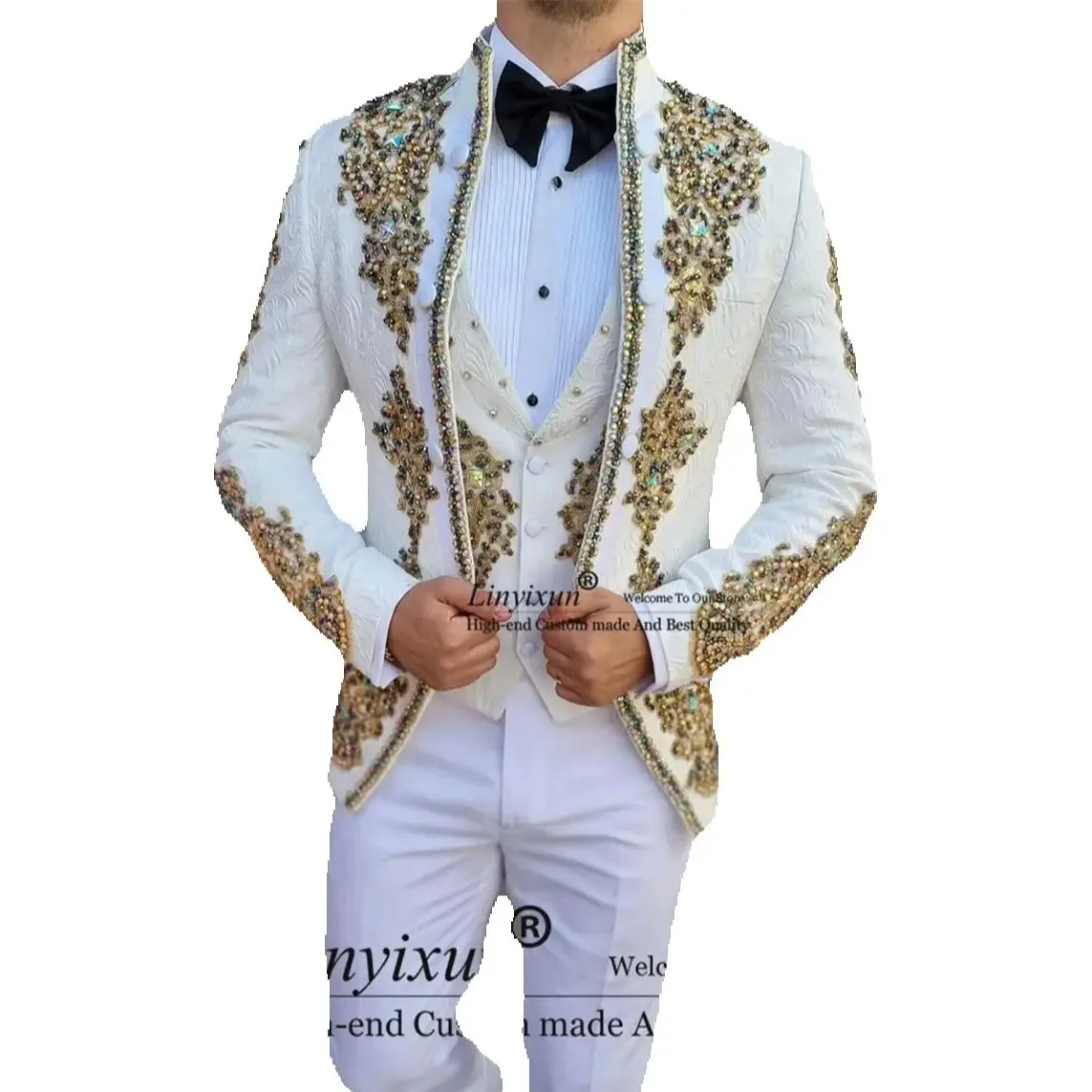 

Metallic Jewelry Ornament Tuxedos Men Suits Customized Jacquard Slim Fit Costume Homme 3 Pieces Sets Wedding Groom Party Blazers