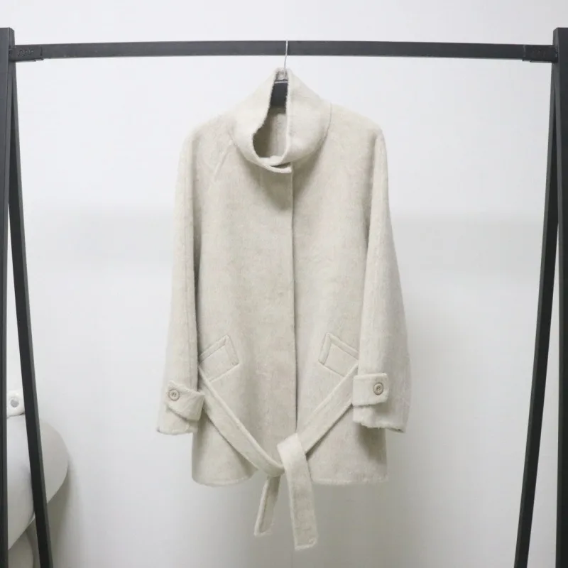 European Station Autumn and Winter New French High-neck Woolen Coat for Women Mid-length Lace-up Double-sided Wool Coat Fashion