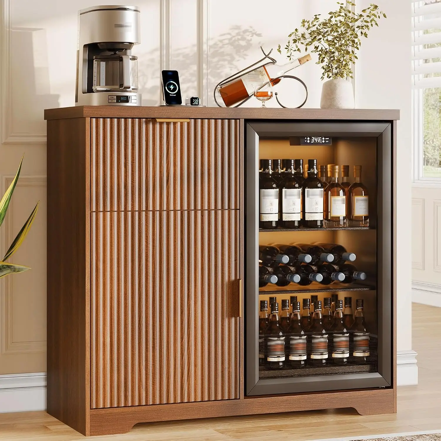 Mini Fridge Cabinet with Power Outlet Coffee Bar, Walnut, Customized
