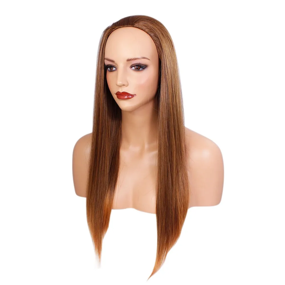 Senhoras 3/4 meia peruca marrom castanho castanho pontas retas 22" cabelo sintético resistente ao calor