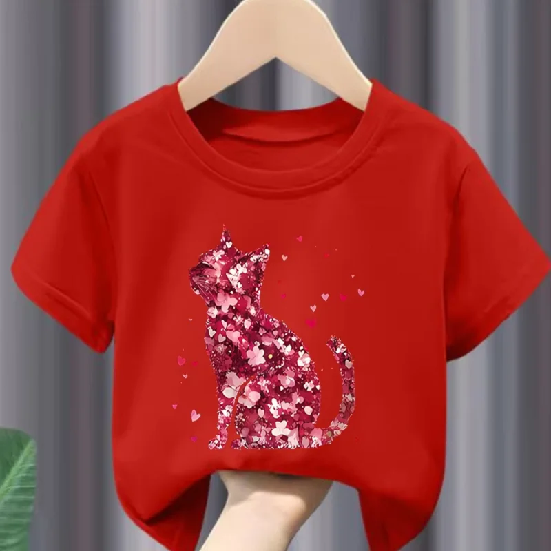 Girls' Short-Sleeved T-Shirt Summer Pink Cat Design Children's Wear Half-Sleeved Top for Kids' Summer Fashion Fashion summer