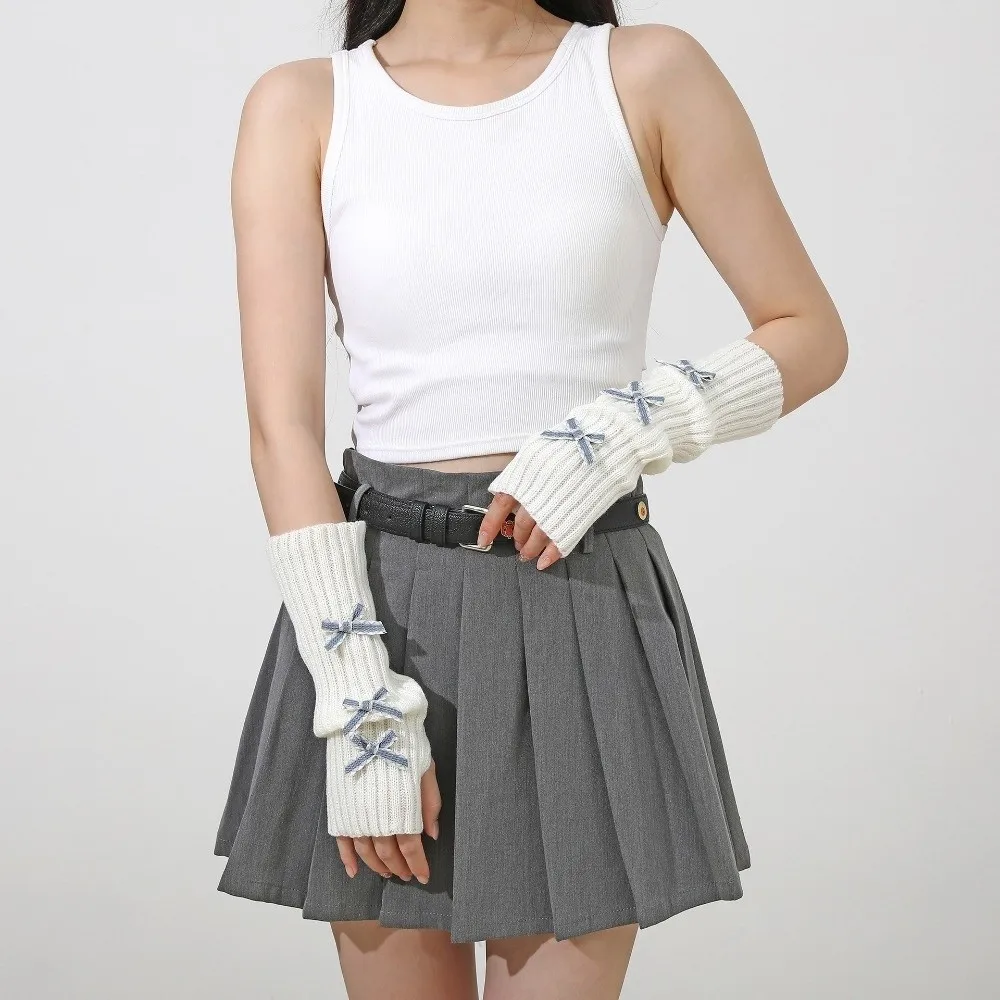 Y2K Thicken Bow Arm Warmers Soft Knitted Long Knit Y2K Fingerless Gloves Sweet Bowknot Sleeve Cover Women