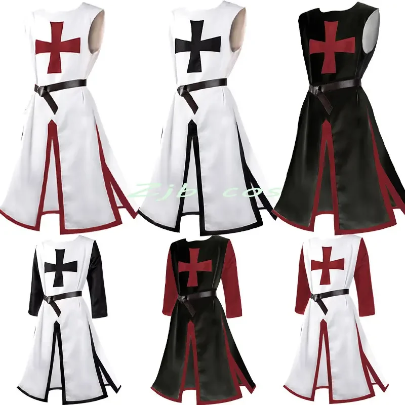 Men Medieval Cosplay Robes Templar Knight Crusader Surcoat Long Sleeve Short Sleeve Mens Tops Reenactment Costume