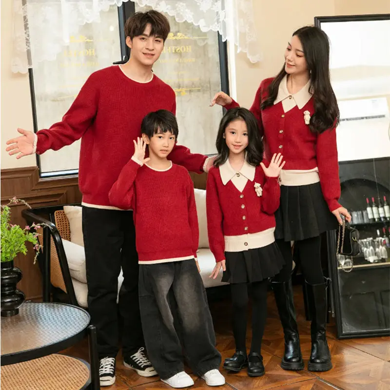 Family Matching Outfit Women's Cardigan Button Down Collar Men's Round Neck Sweater Red Parent Child Couple Pullover Knitwear