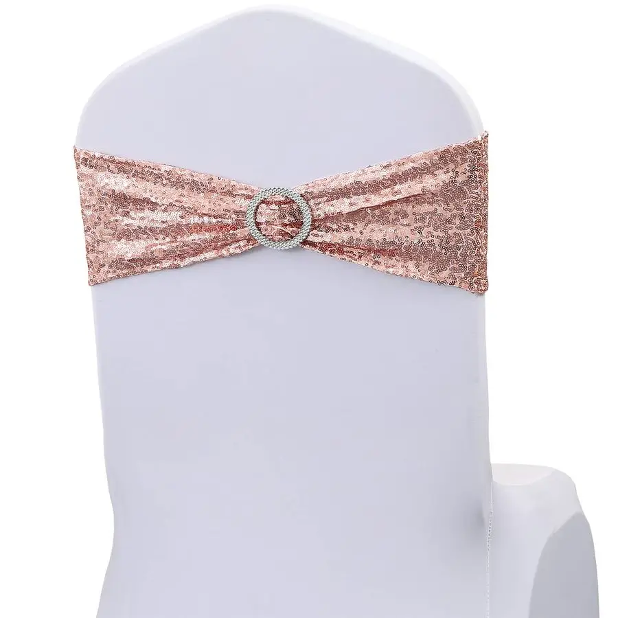 

Pack of 50 All Around Rose Gold Sequin Chair Sashes for Wedding Decor, Sequins Chair Bands with Silver Buckles for Party Baby Sh