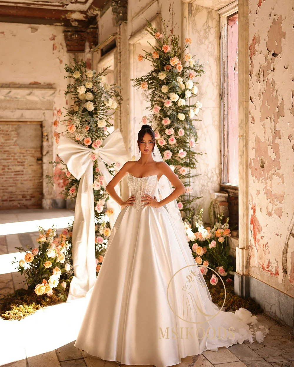 Msikoods Luxus-Brautkleid 2025, Korsett, Spitze, Applikationen, A-Linie, Brautkleid, langärmelig, Satin, Prinzessin, Brautkleider, individuell gestaltet