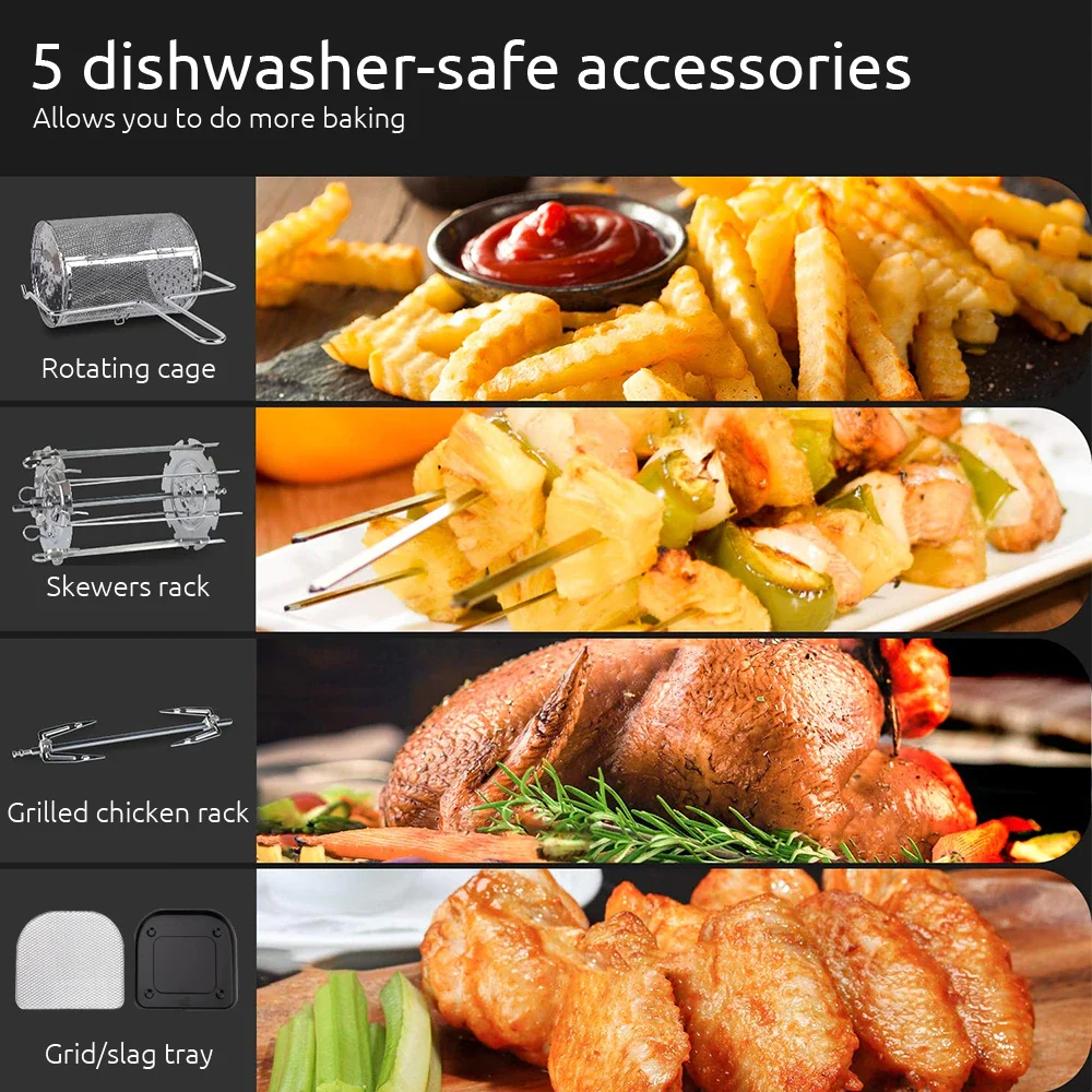 12L Electric Air Fryer Oven Rotisserie Dehydrator 360°Baking LED Touchscreen Large Capacity 5in1Chicken Frying Machine