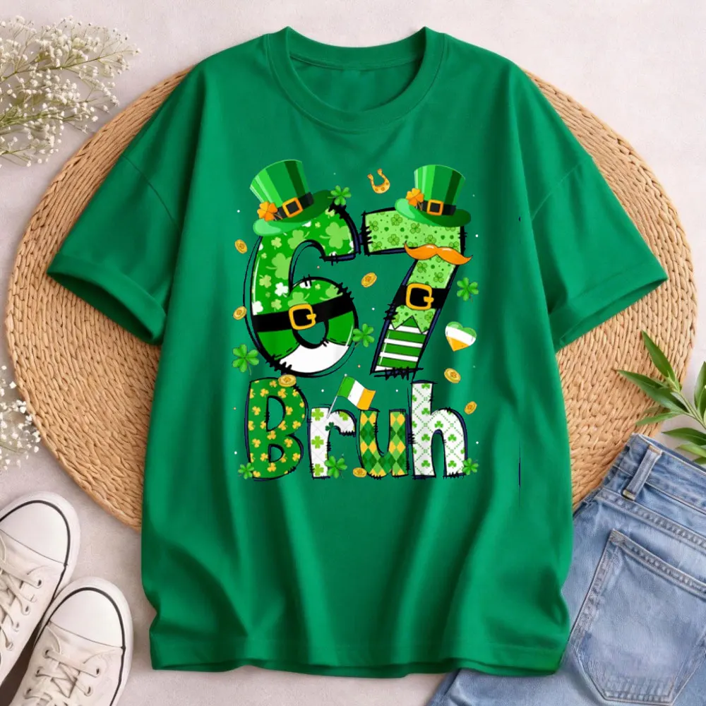 St Patricks Day Bruh 67 Meme Six Seven Leprechaun Unisex T-Shirt  Shamrock Graphic Tee Women Casual Cotton Short Sleeve Tops