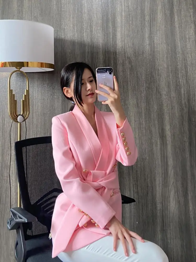 

Осень 2024, новый дизайн, высококачественный металлический двурядный жилет на пуговицах, куртка, костюм, пальто с галстуком, облегающий женский костюм...