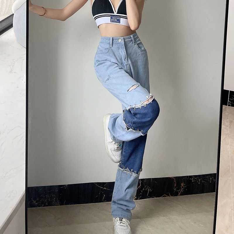 Loose Patchwork Ripped Pins 2023 New StreetwearColor Matching Drape Straight Jeans Y2K High Waist Pants Loose Wide Leg Pants