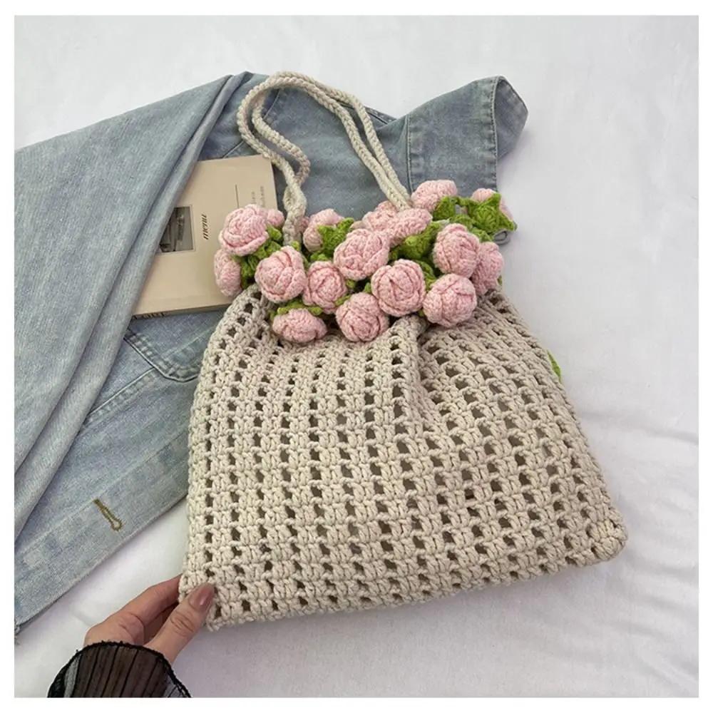 Bohemian Rose Bouquet Weave Bag Cotton Rope Hollow Out Knitted Flower Shoulder Bag Storage Bag Romantic Rose Beach Bucket Bag