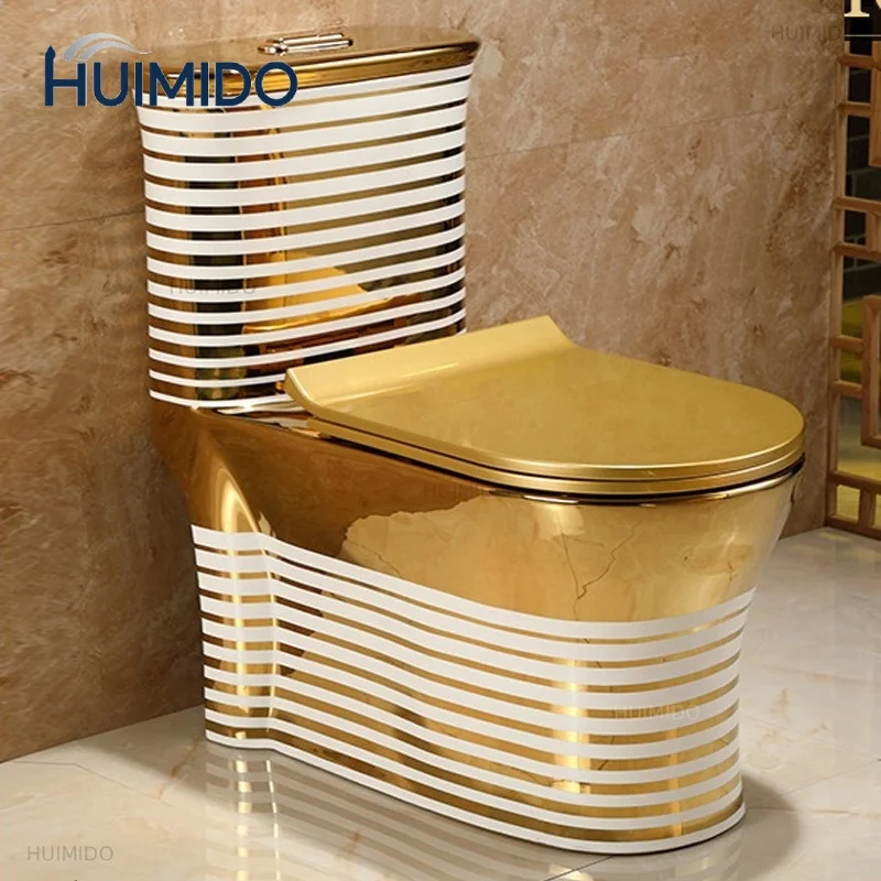 y White and Gold Striped Design Ceramic Muslim Toilet Toilet, Suitable for Adult Bathrooms, Luxury Gold Plated Sanitary Ware