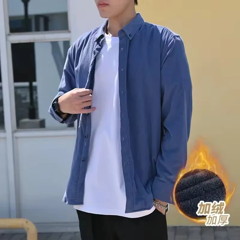 New  Men's Keep Warm Shirts Solid Turn-down Collar Button Shirts Fleece Warm Cardigan Shirts Autumn Winter Casual Men's Tops