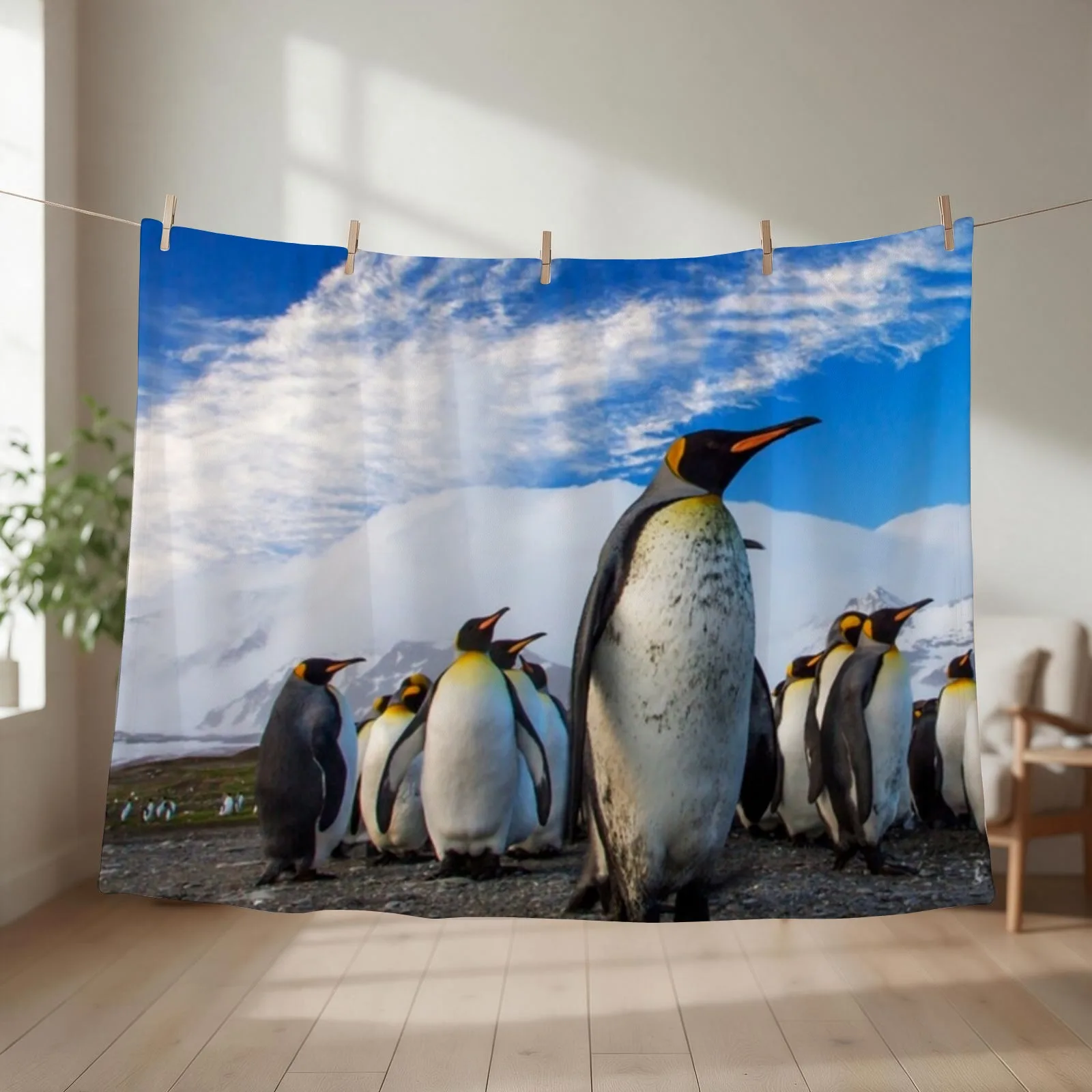 New Penguins Marching Blue Sky Throw Blanket couch cozy soft plush fuzzy picnic outdoor blanket