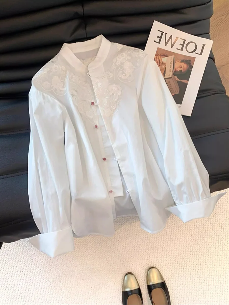 

Новый китайский вышитый воротник-стойка, белый повседневный женский весенне-осенний тяжелый рабочий моющийся топ свободного покроя