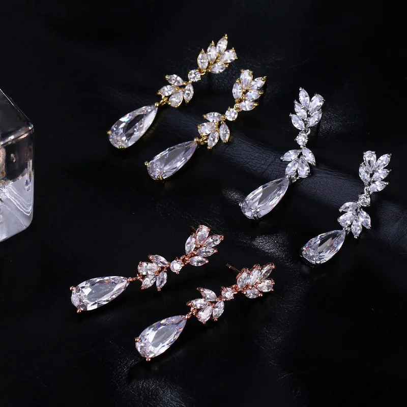 Cross-border tassel long earrings, stud earrings, socialite water drop diamond-set fashion zircon earrings, rose gold jewelry.