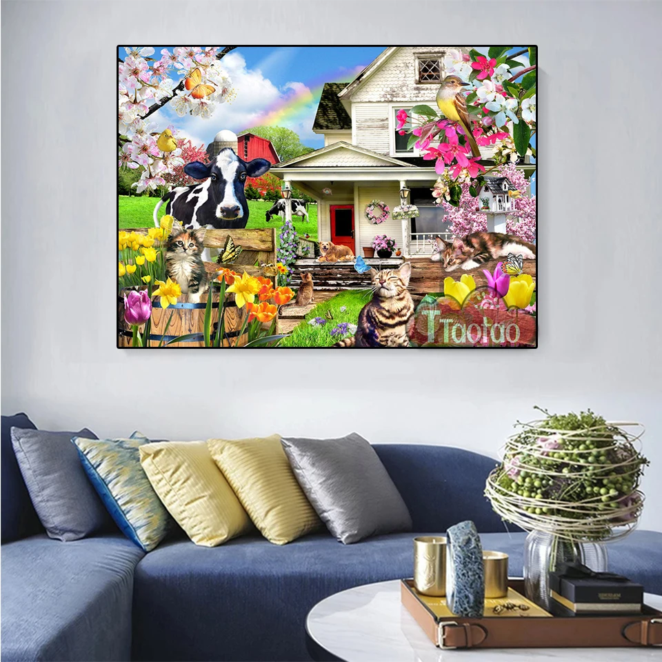 5D Farm Landscape Diamond Painting Diy Animal Cross Stitch Cattle Pig Chicken Flower Poster Handmade Mosaic Rhinestone Art Decor