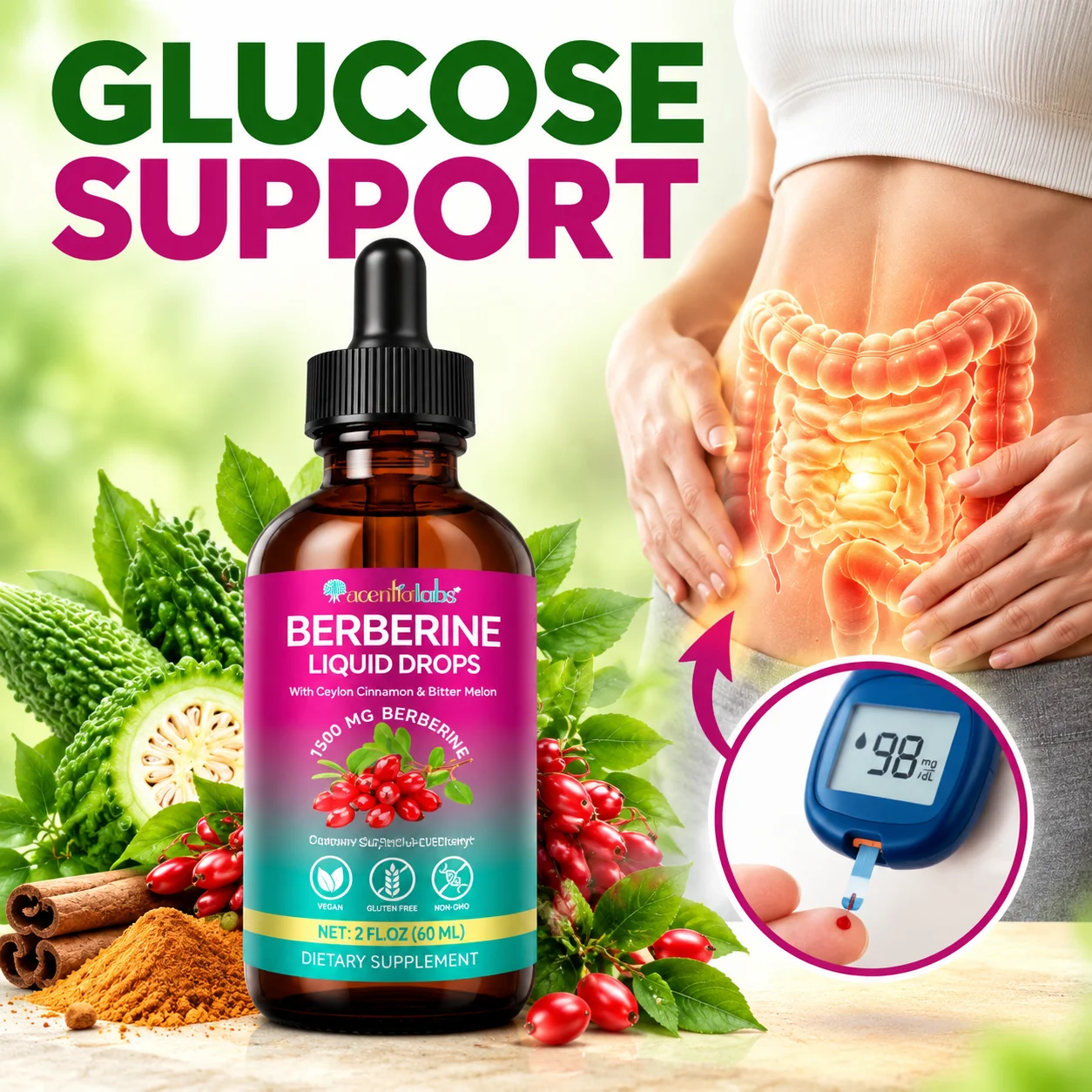 Berberine Drops Helps Maintain Healthy Glucose Levels, Improve Gut Digestion, with Ceylon Cinnamon, Bitter Melon, 60mL Vegan