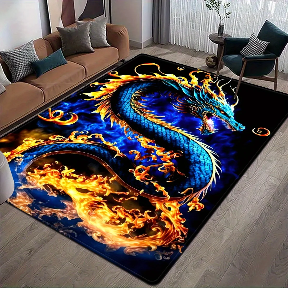 Vivid Flame Dragon Rug – Fiery Blue & Orange Dragon Design, Soft Fade-Resistant Polyester for Bedroom or Living Room - view 2