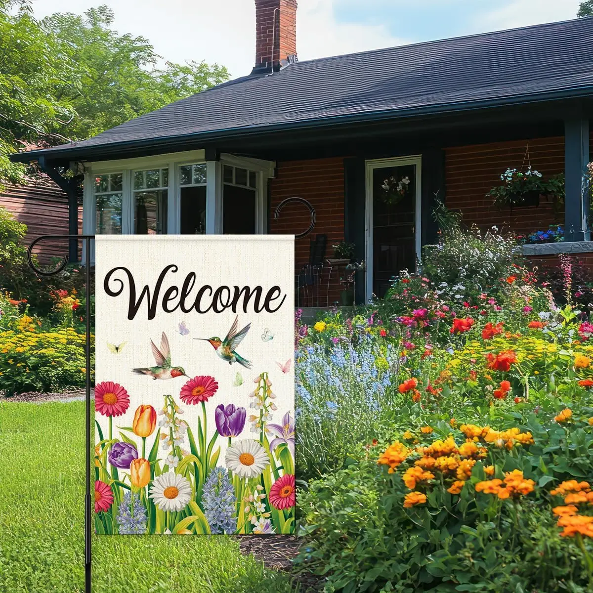 Welcome Spring Garden Flag 12x18 Inch Double Sided, Floral Hummingbird Outdoor Welcome Decor for Patio Yard Lawn DDN LLX uui