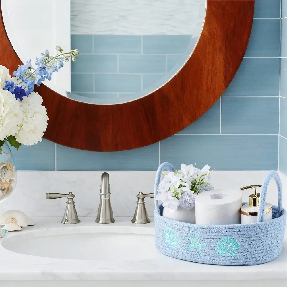 Oval Cotton Rope Storage Basket Ocean Style Shell Starfish Embroidery Toilet Paper Basket Decorative with Handle