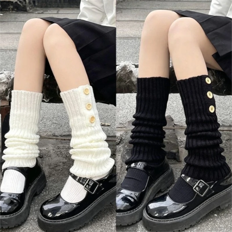 1 Pair Women's Knitted Slouchy Leg Warmers Button Decor Lolita Y2K JK Gothic Mid Calf Leg Covers Autumn Winter Casual Long Socks