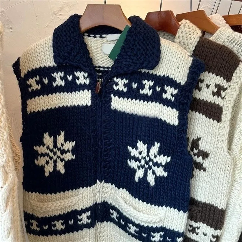 2025年秋新作 襟付きセーターベスト レディース 韓国ファッション ジッパー ジャカード ノースリーブ ニットジャケット レディースカーディガン