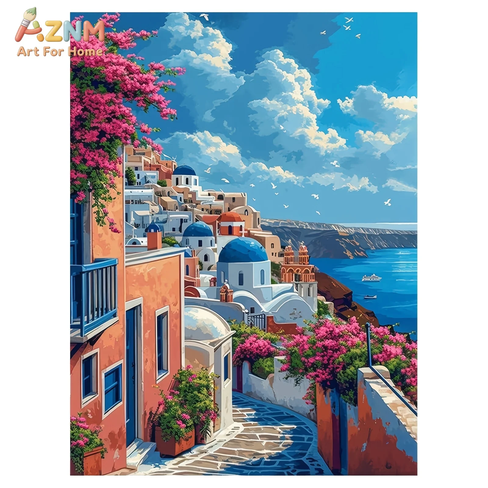 AZNM Santorini Greece Coastal Town Canvas Wall Art, Mediterranean Seaside Village Oil Painting Print, Unframed Greek Island Scen