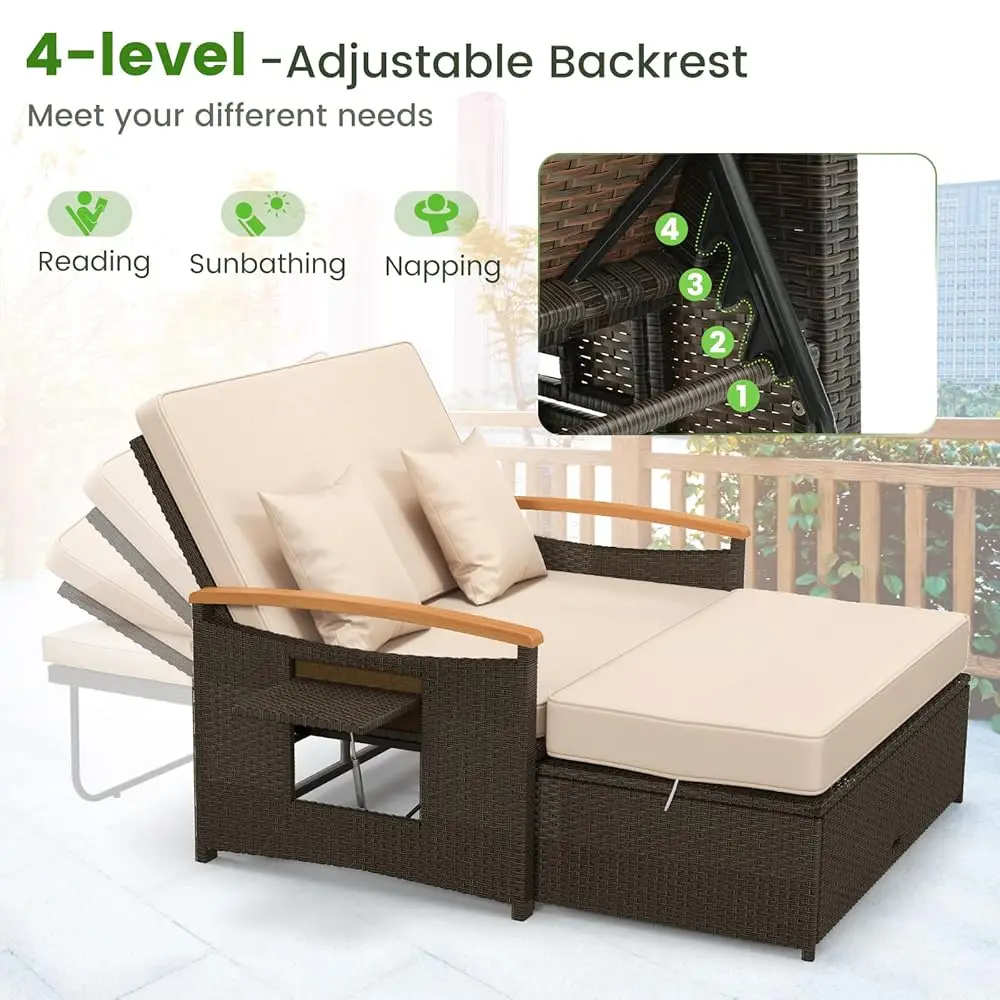 Patio Rattan Daybed Set With Cushioned Loveseat And Storage Ottoman, Outdoor Double Chaise Lounger With 4-Level Adjustable