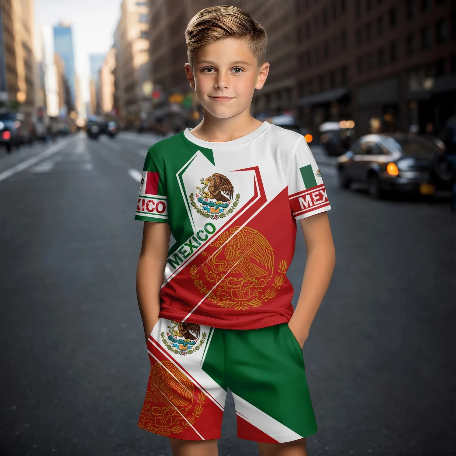 Summer New Children\'s Clothing Set 3d Printed Mexican Independence Day Boys Shorts + Short-Sleeved T-Shirt Casual Clothing